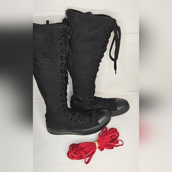 Converse All Stars Shoes - Y2K Black Knee-High Converse Sneakers Women’s Size 8 – Bold Red Laces, Retro Y2K